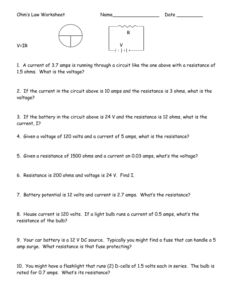 Ohm*s Law Worksheet Within Current Voltage And Resistance Worksheet