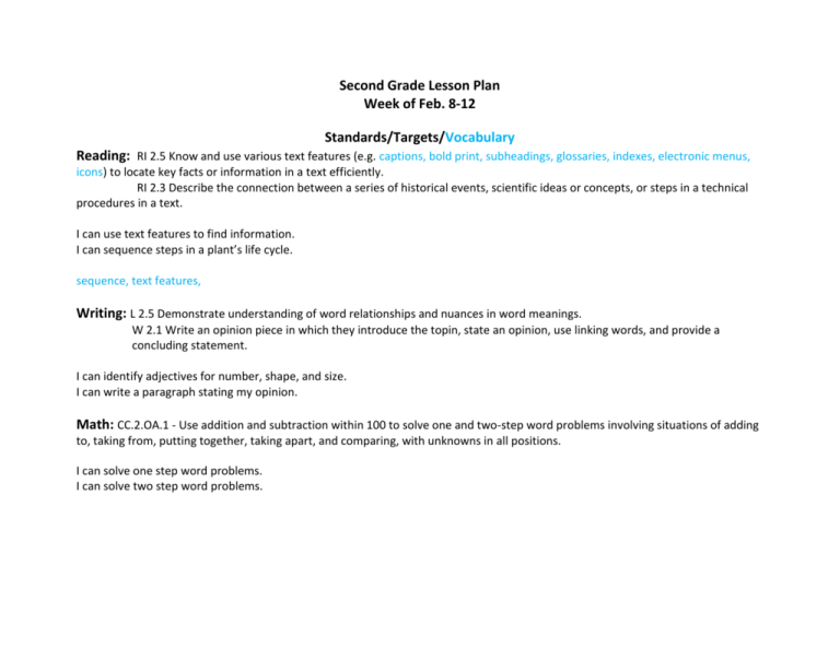 Second Grade Lesson Plan Week of Feb. 8