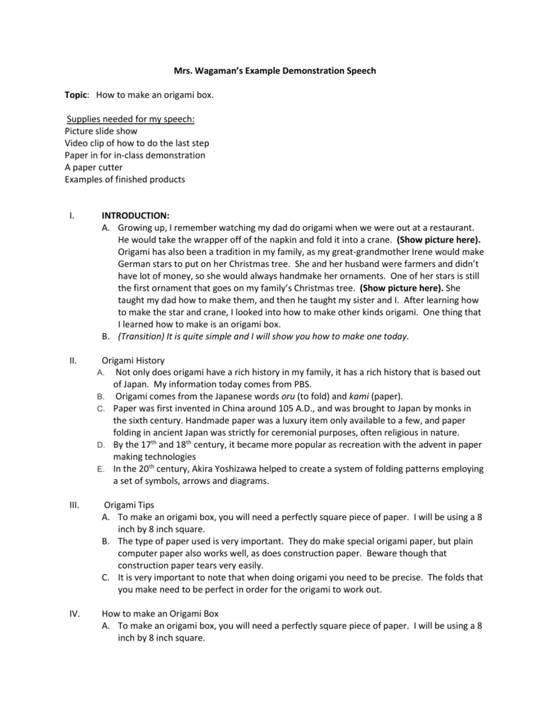 demonstrative speech outline example