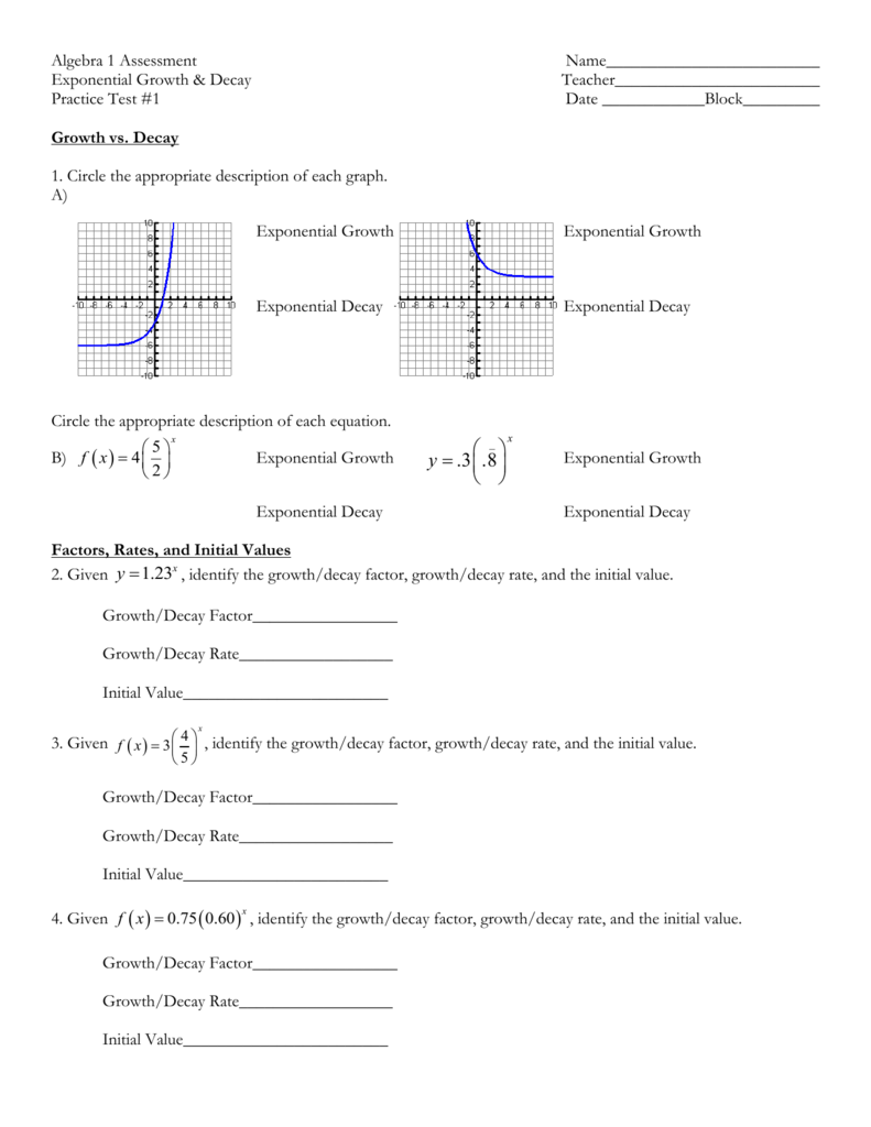 Exponential Functions Practice Test #23 Within Growth And Decay Worksheet