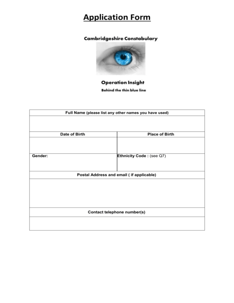 Application Form Appendix 1 - Cambridgeshire Constabulary