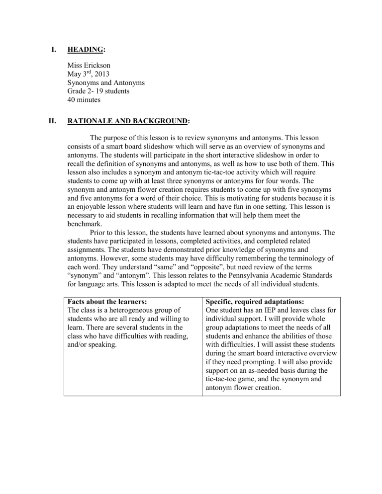 Grammar Synonyms And Antonyms Lesson Plan
