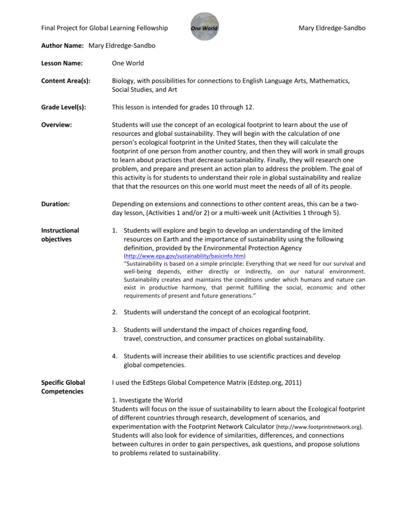 Final Project for Global Learning Fellowship One World Mary Pertaining To Ecological Footprint Calculator Worksheet