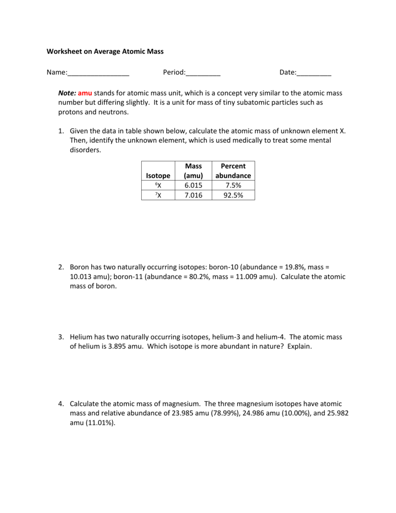 Average Atomic Mass Worksheet Pertaining To Calculating Average Atomic Mass Worksheet