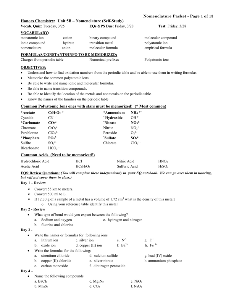 Equipment / Reagents In Polyatomic Ions Worksheet Answers