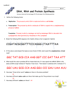 DNA triplets mRNA codon Amino acid match