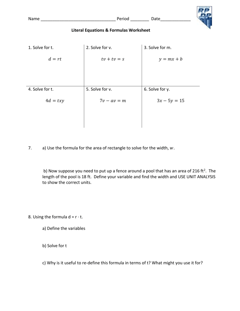 Literal Equations and Formulas Worksheet (doc) Inside Solve Literal Equations Worksheet