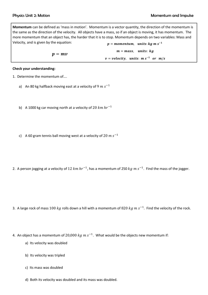 Momentum and Impulse Worksheet