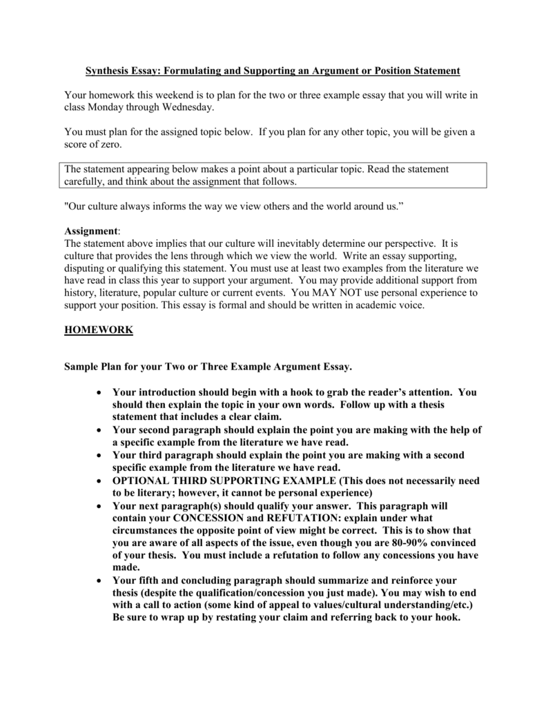 Synthesis Essay: Formulating and Supporting an Argument or