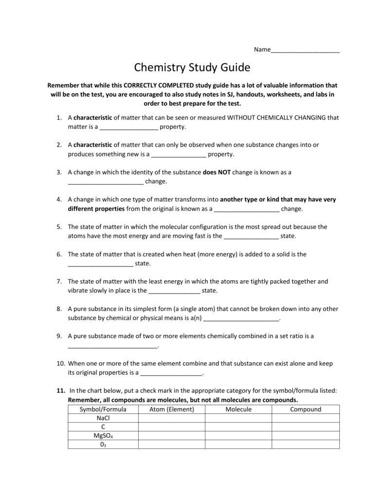 Chemistry Study Guide Chemistry Study Guide