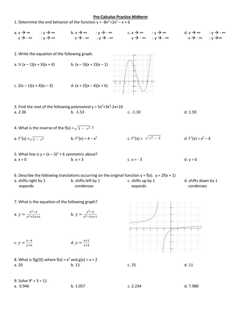 Pre Calculus Practice Midterm 1 Determine The End Behavior Of The