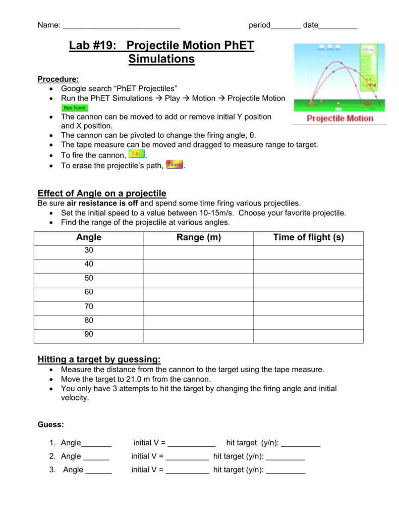 Projectile Motion Worksheet Projectile Motion Worksheet With