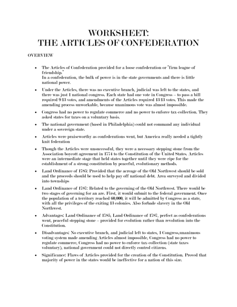 an essay about articles of confederation