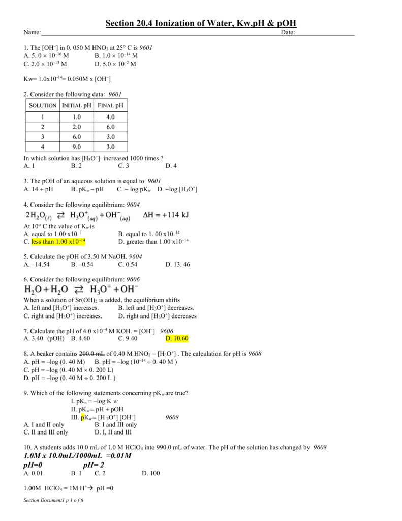 Ph And Poh Worksheet Answers