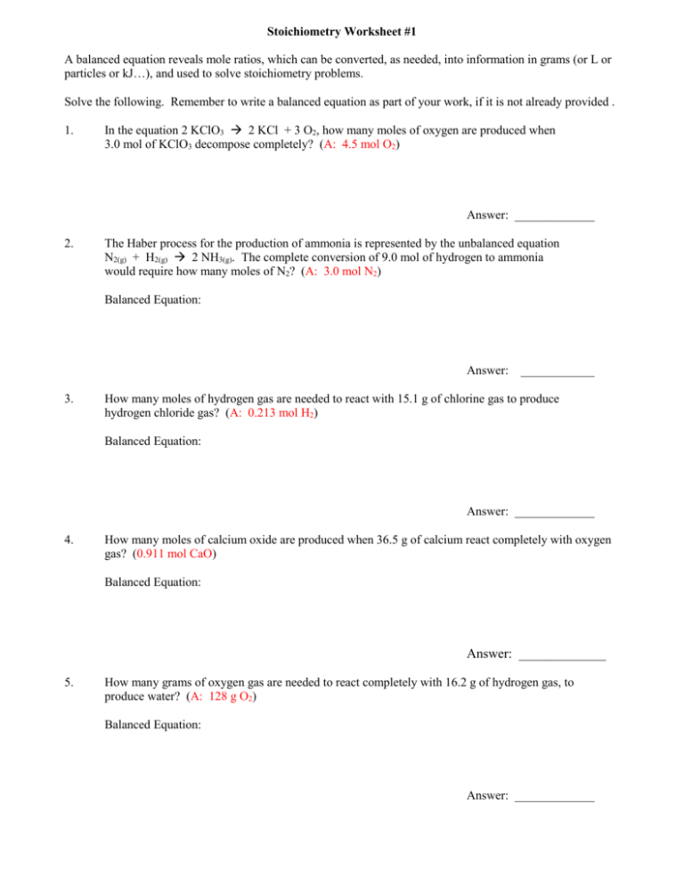 Stoichiometry Worksheet #1