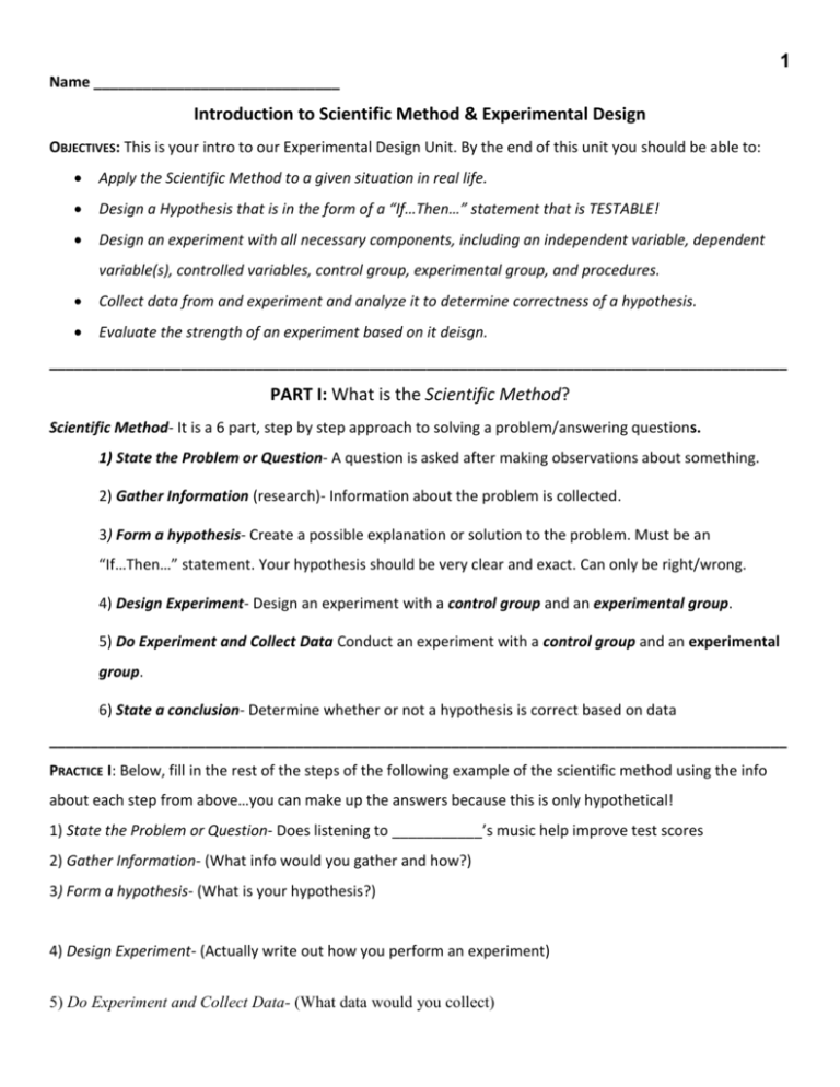 Experimental Design Worksheet Scientific Method