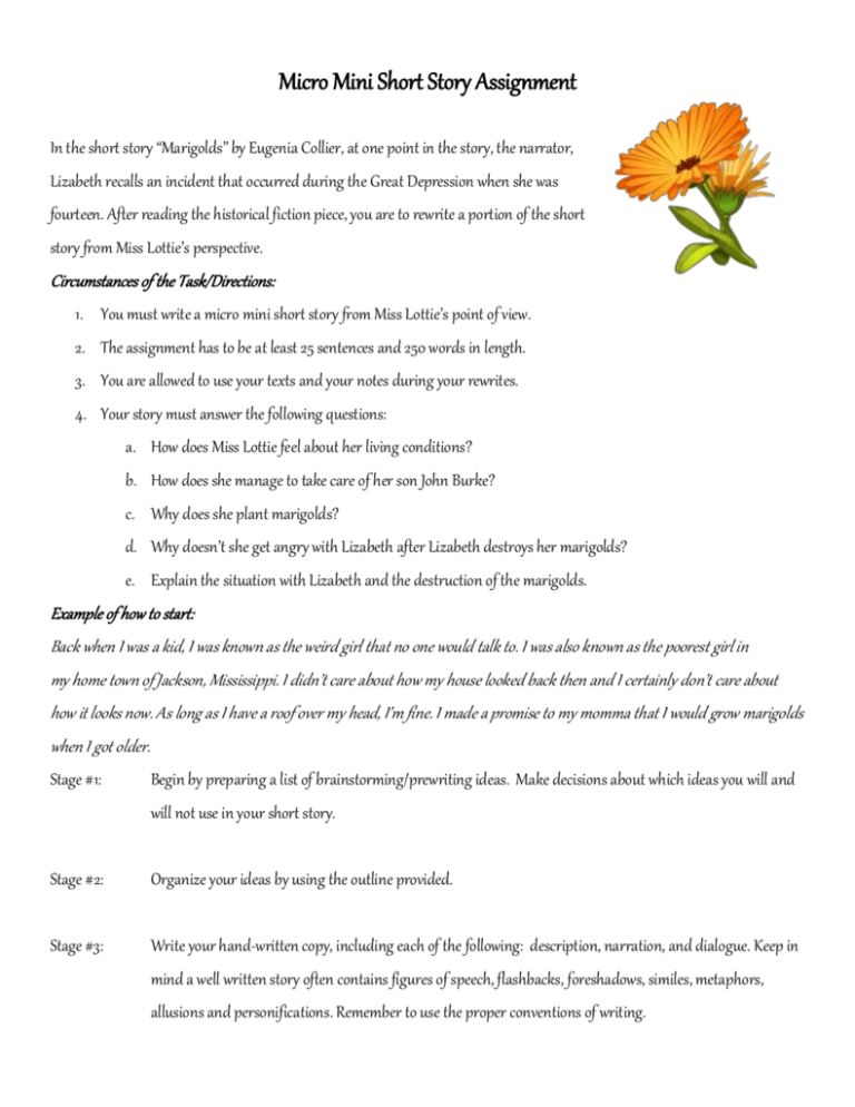 short story assignment sheet
