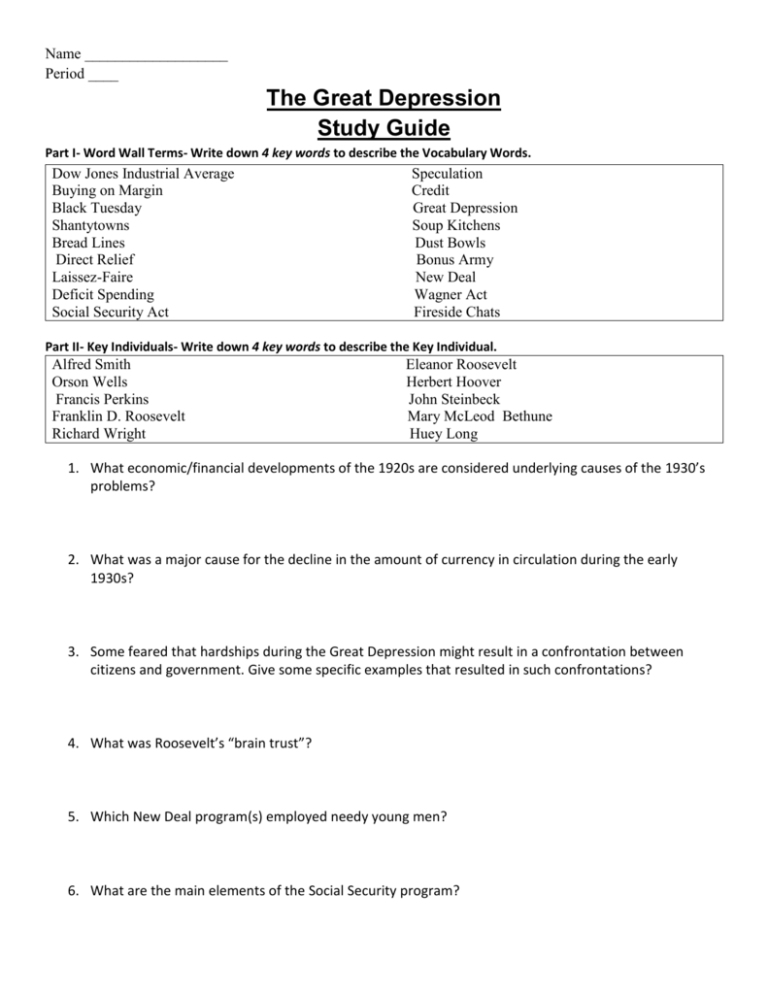 The Great Depression Study Guide The Great Depression Study Guide