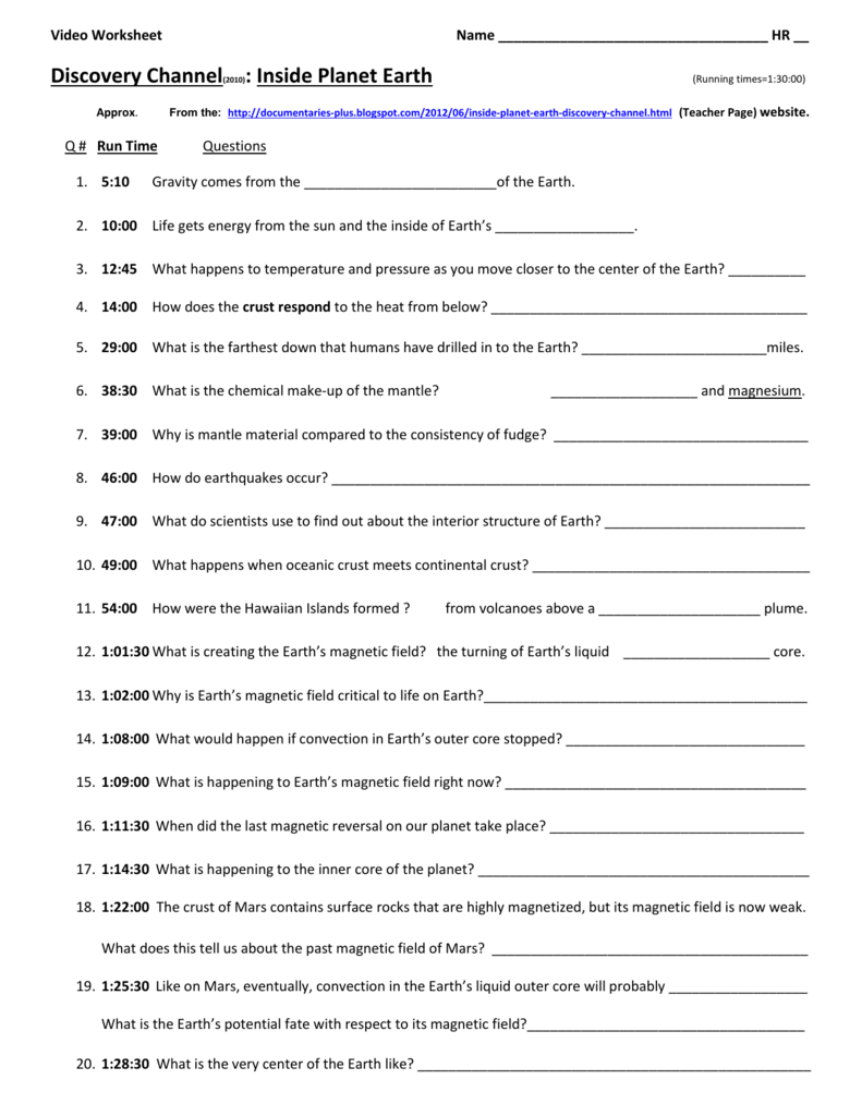 Inside Planet Earth In The Core Movie Worksheet Answers