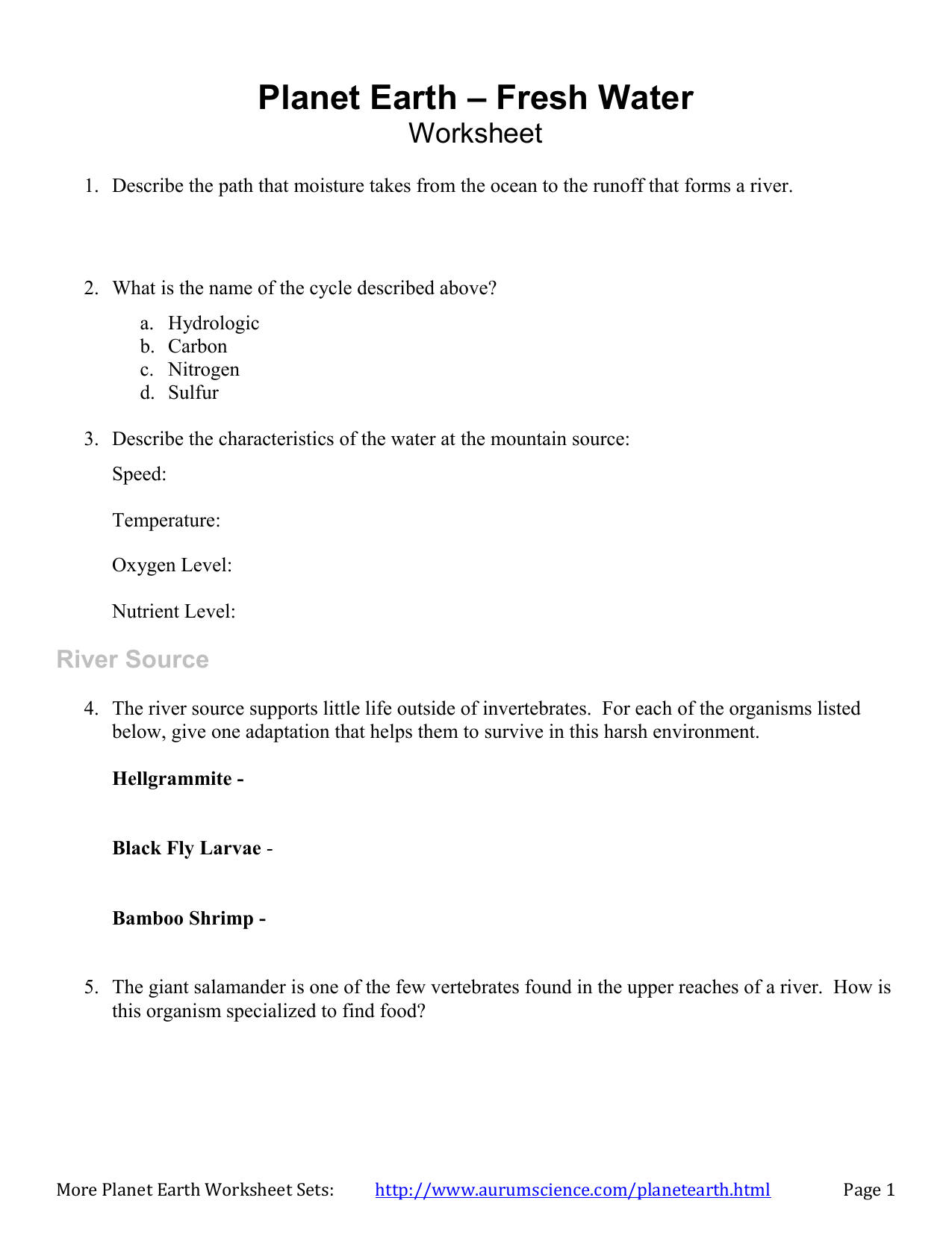 Planet Earth Freshwater Worksheet
