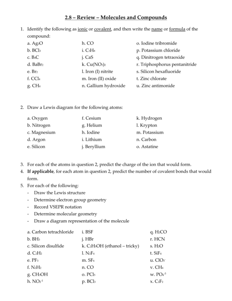 Chem 20 2 8 Review Molecules And Compounds