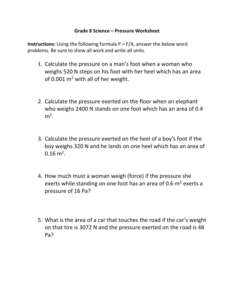 Grade 20 Science – Pressure Worksheet Instructions Throughout Calculating Force Worksheet Answers