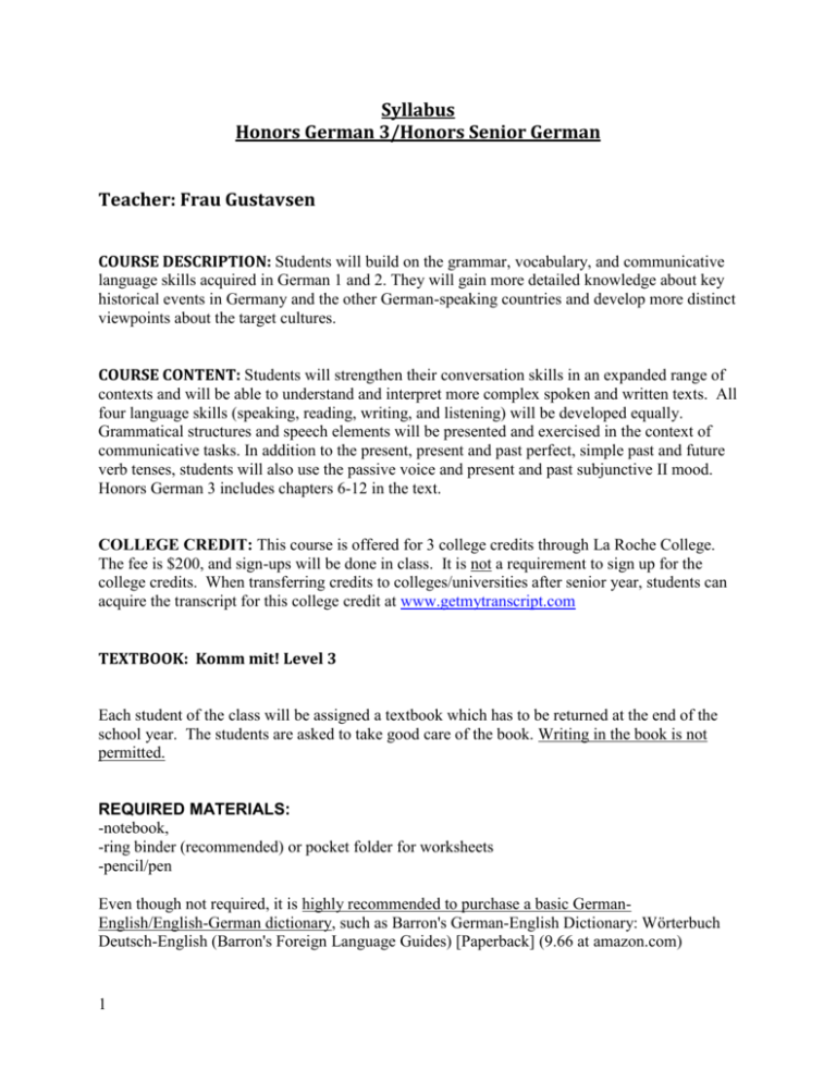 Honors German Syllabus Honors German Syllabus