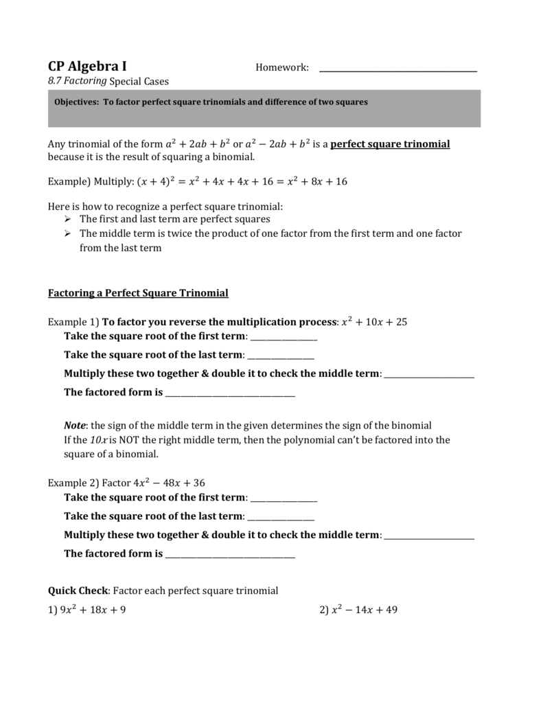 22.22: Factoring Special Cases With Factoring Special Cases Worksheet