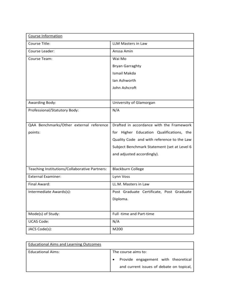 The Programme Specification For LLM Law 
