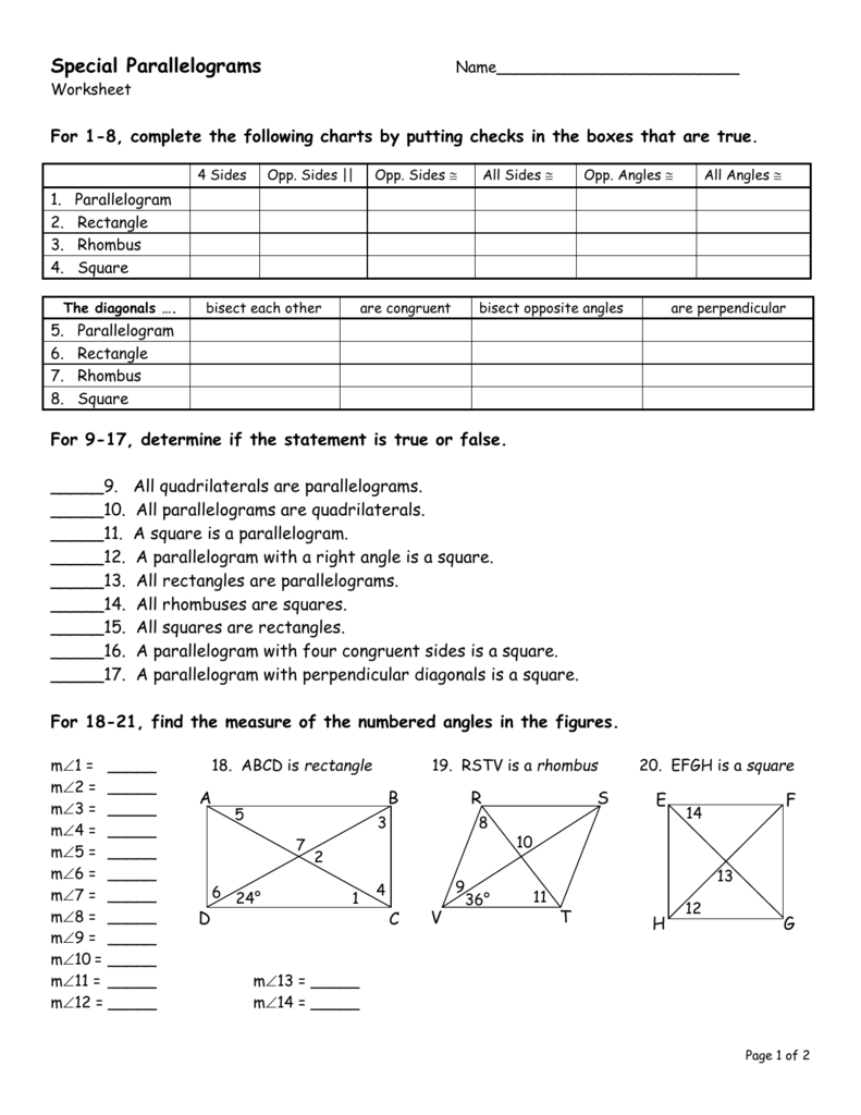 Answer Key Special Parallelograms Worksheet Answers