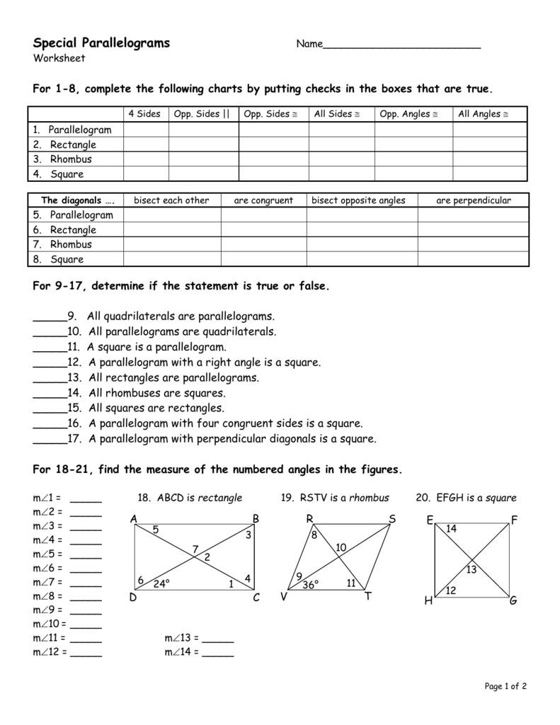 Special Parallelograms Name