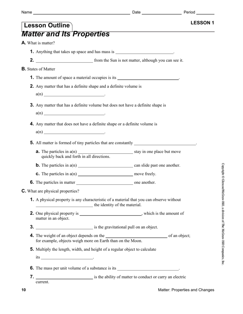 Chemistry Worksheet Matter 1 Answers