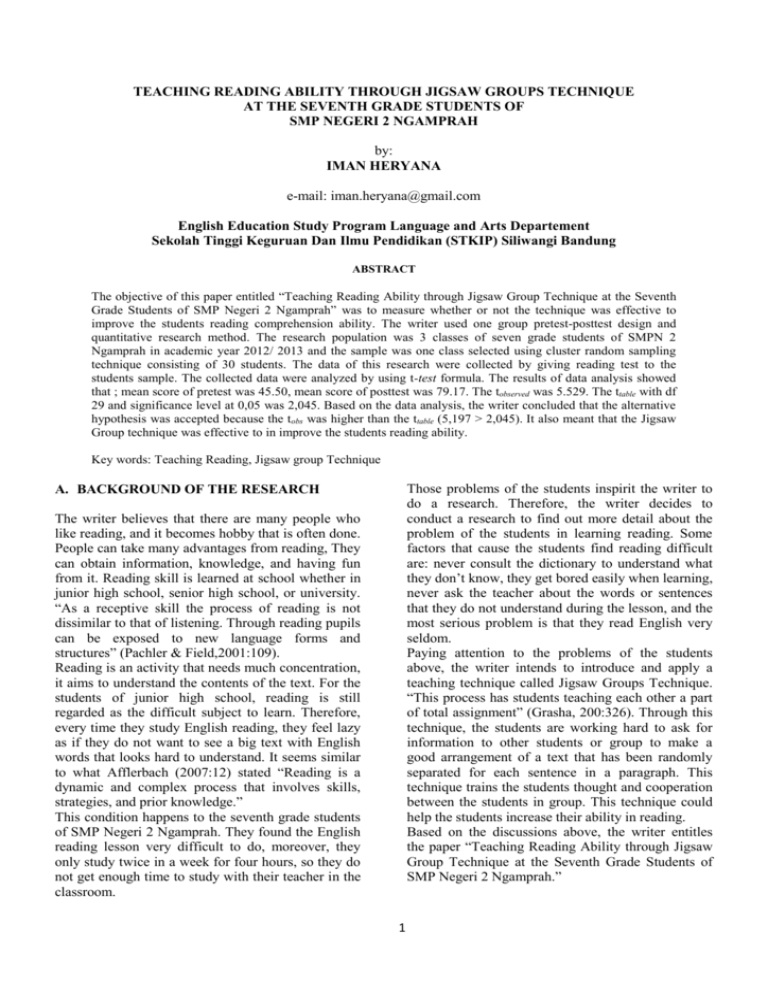 TEACHING READING ABILITY THROUGH JIGSAW GROUPS