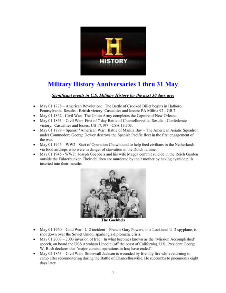 Military History Anniversaries 0501 thru 0531