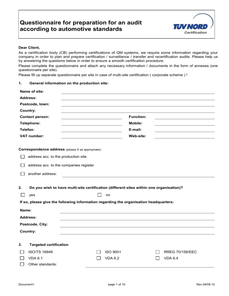 Preparatory questionnaire for automotive standards audit
