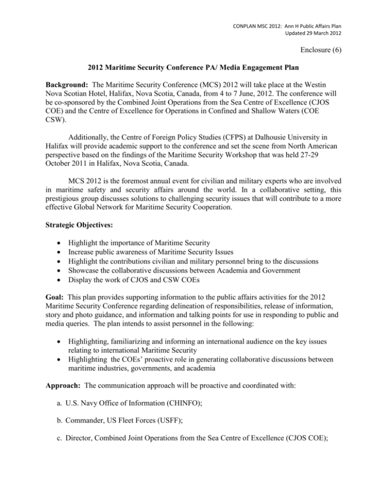 PA Plan for CJOSCOE Maritime Security Conference 2012 Halifax