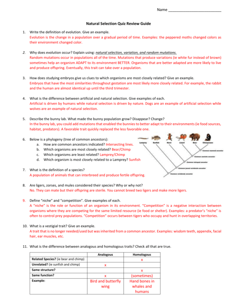 Natural Selection Quiz Review Guide Answer Key 2 
