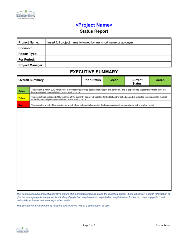 NDUS IT Project Status Report Template Inside Executive Summary Project Status Report Template