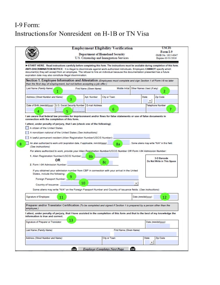 I9 Form Instructions for Nonresident on H