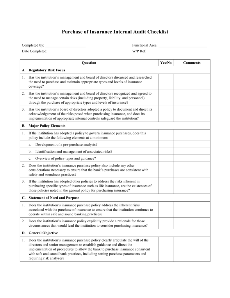 Purchase Of Insurance Internal Audit Checklist