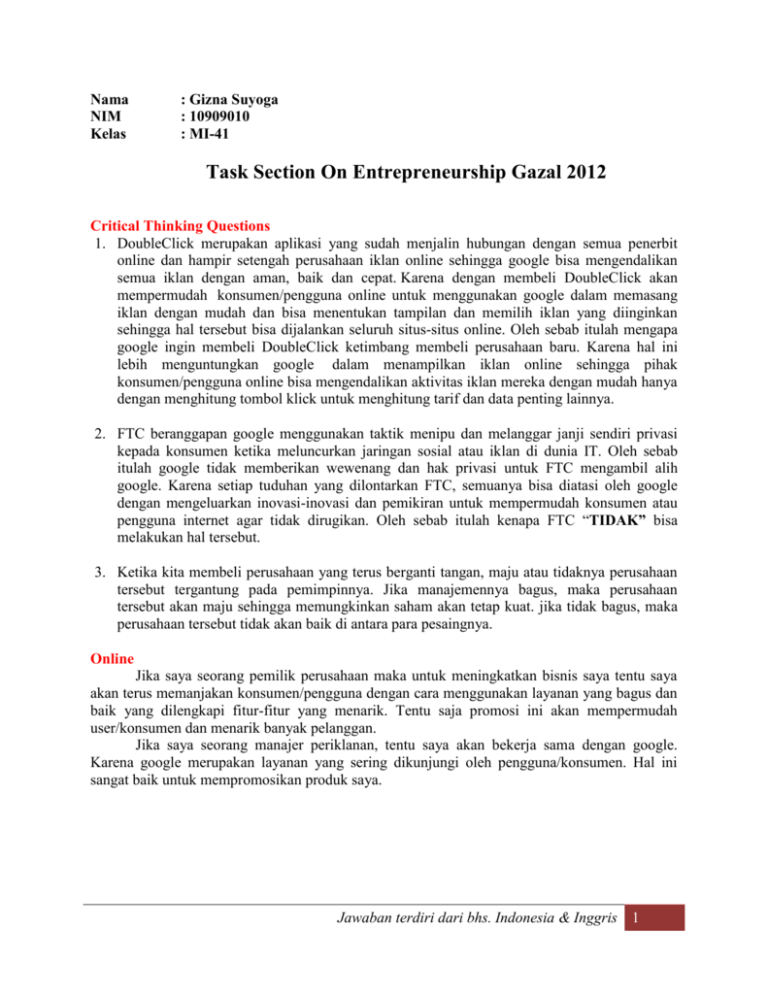 Task Section On Entrepreneurship Gazal 2012