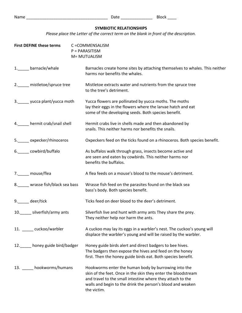 Symbiotic Relationships Worksheet Good Buddies