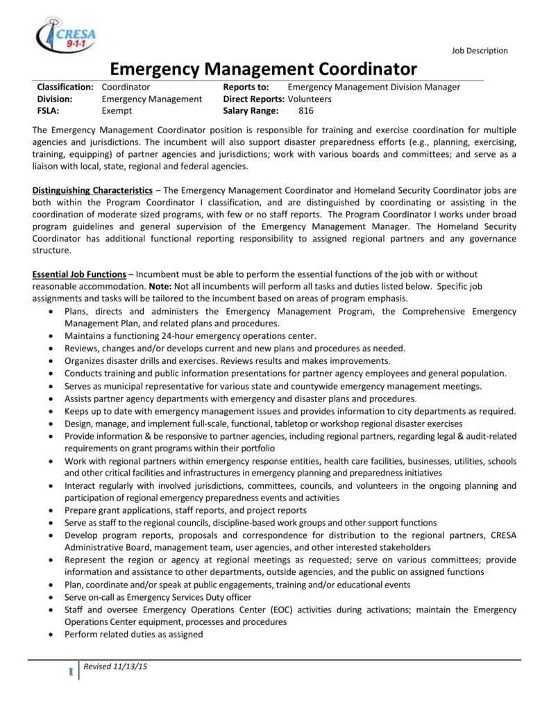Job description emergency coordinator warden