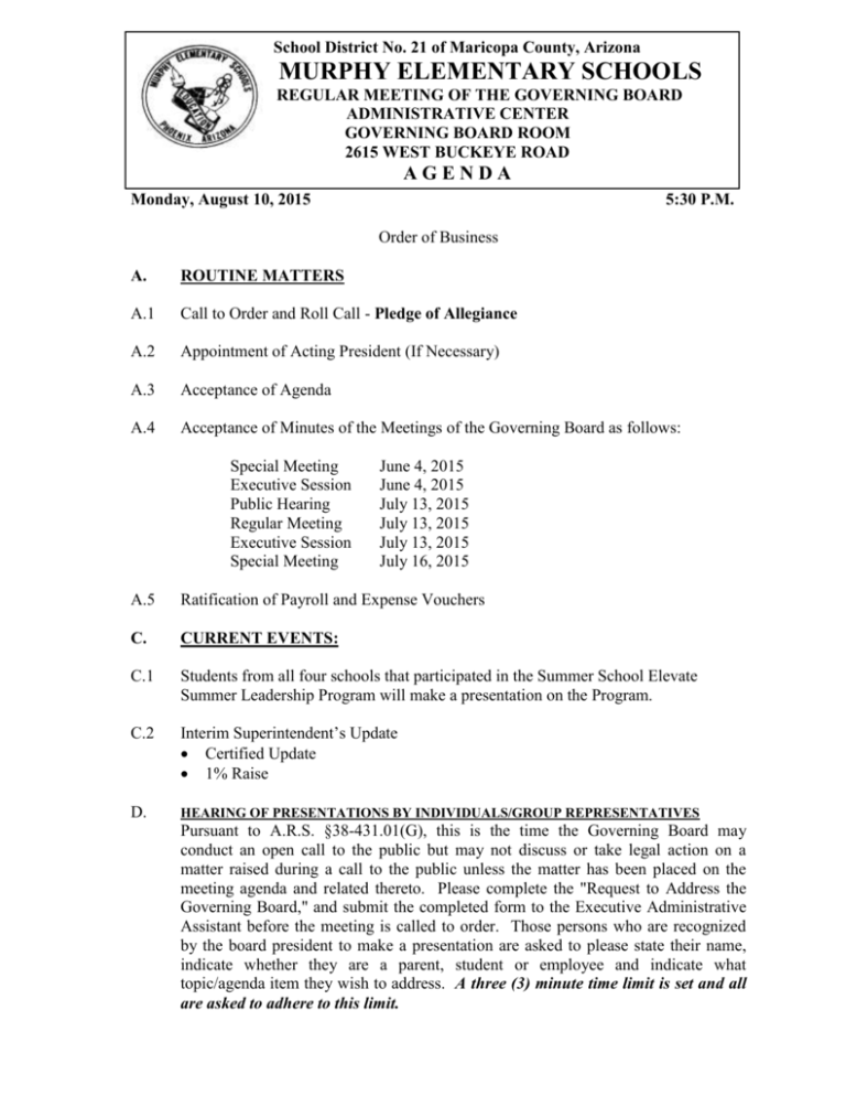 Regular Meeting Agenda 08/10/2015