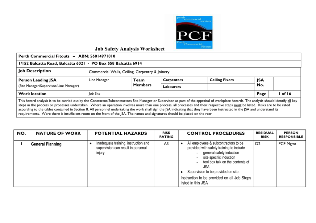 Job Safety Analysis Worksheet Www Perthcommercialservices Com