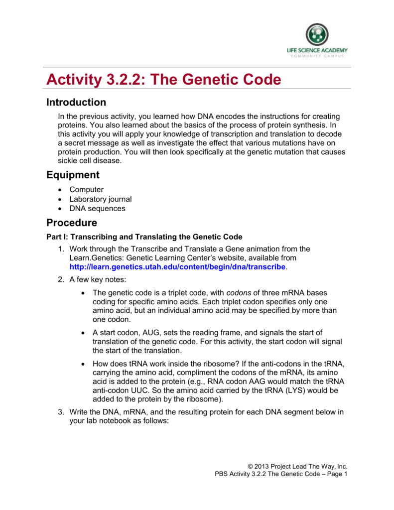 Activity : The Genetic Code Introduction
