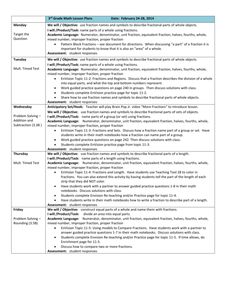 3rd Grade Math Lesson Plans Date February 24