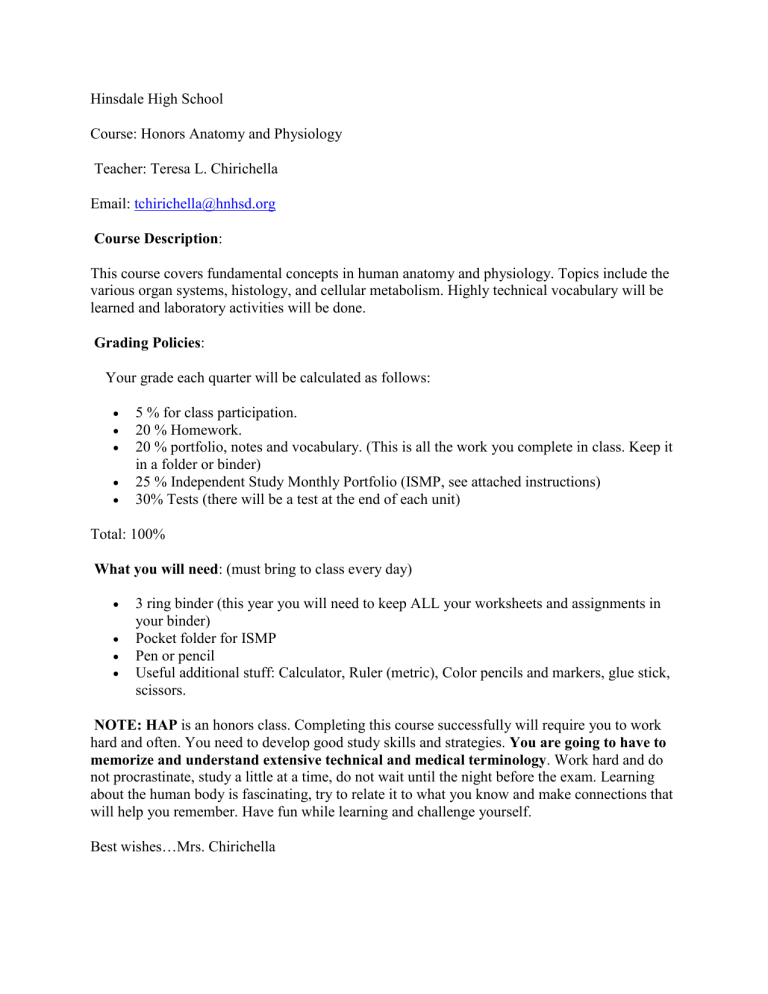 Human Anatomy Hinsdale School District Human Anatomy Hinsdale School District