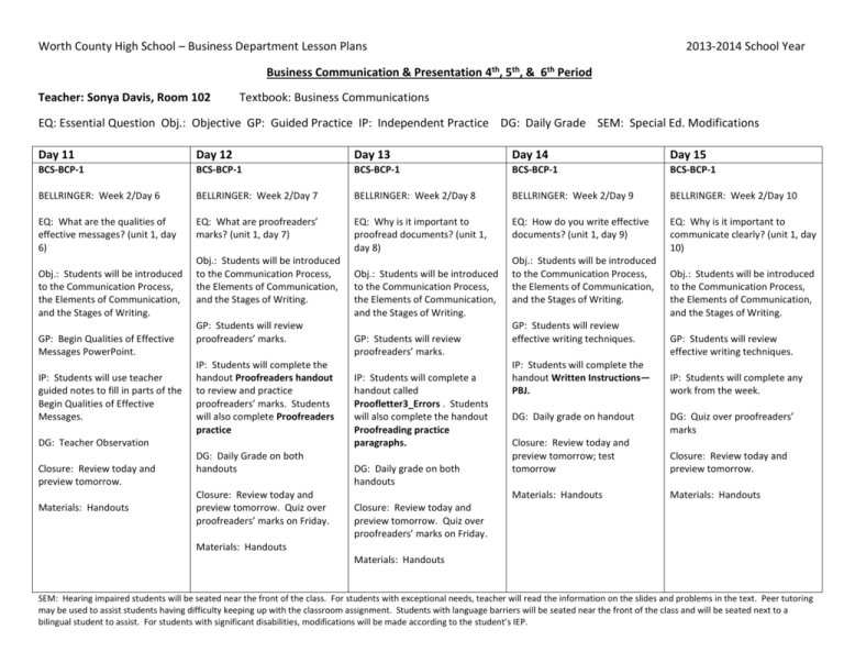 Unit 1 Week 3 Worth County Schools