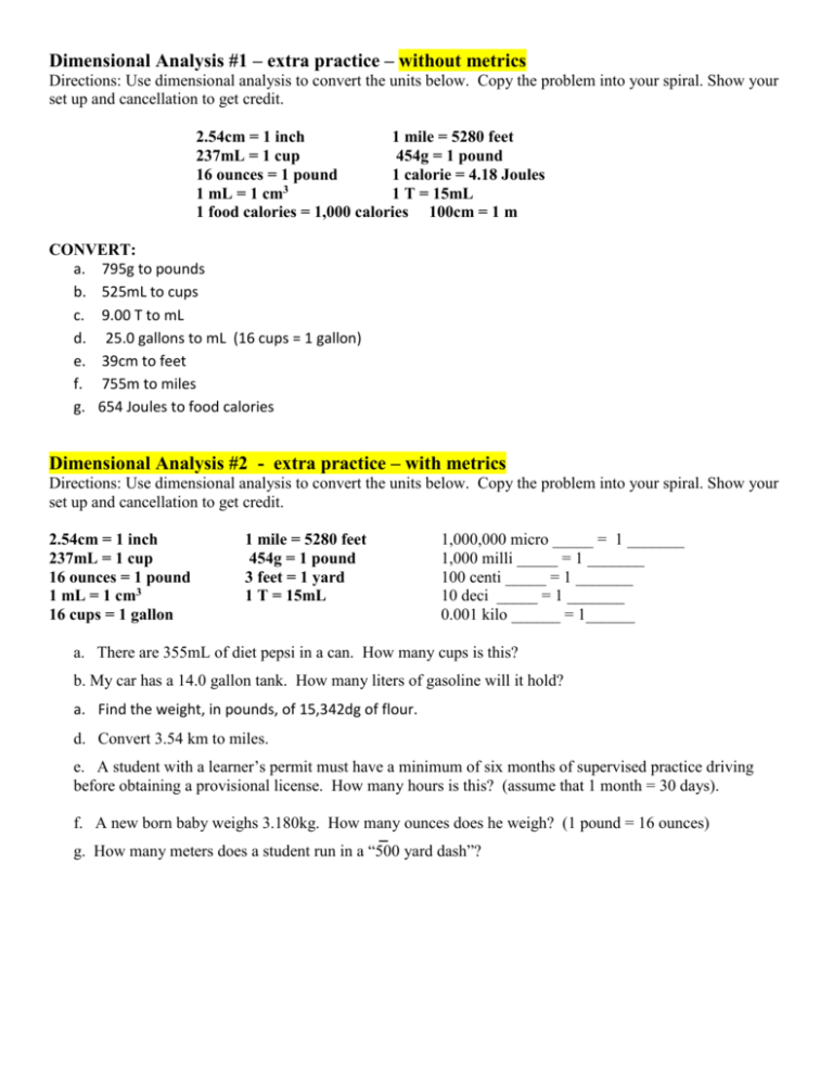Dimensional Analysis Extra Practice With KEYS